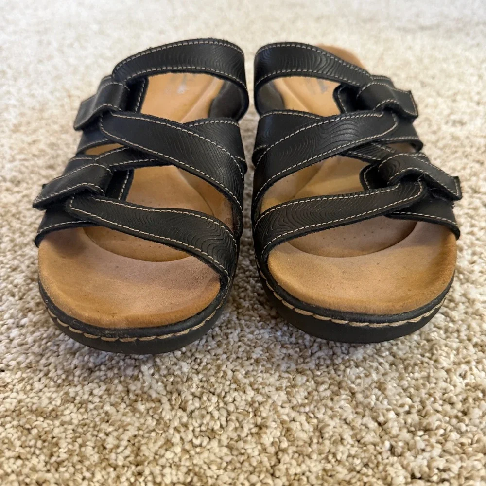 Clarks Collection Womens Black Wedge Slide Sandals Adjustable Straps‎ Size 8.5